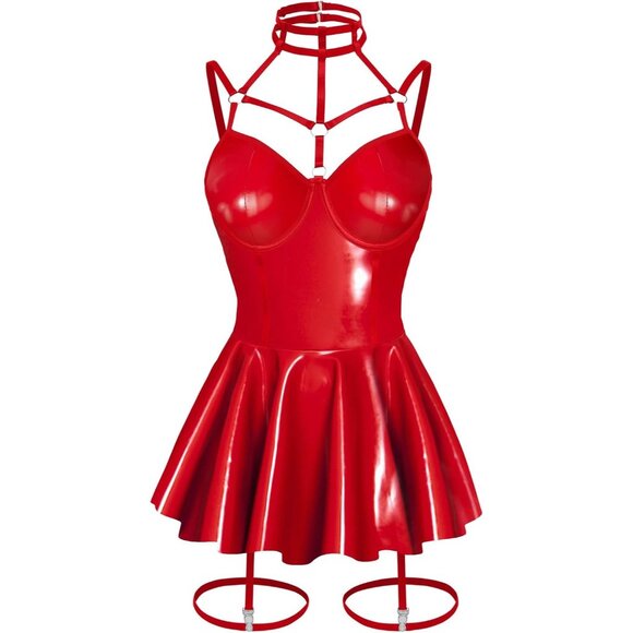 Women Pu Red Strappy Leather Underwire Choker Garter Belt Lingerie Set Dress - Picture 6 of 6